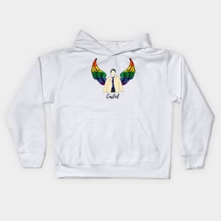 Castiel drawing with rainbow wings and name Kids Hoodie